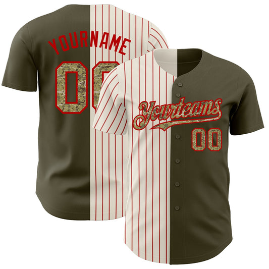 Custom Olive Camo Cream-Red Pinstripe Authentic Split Fashion Salute To Service Baseball Jersey - Sky-Custom