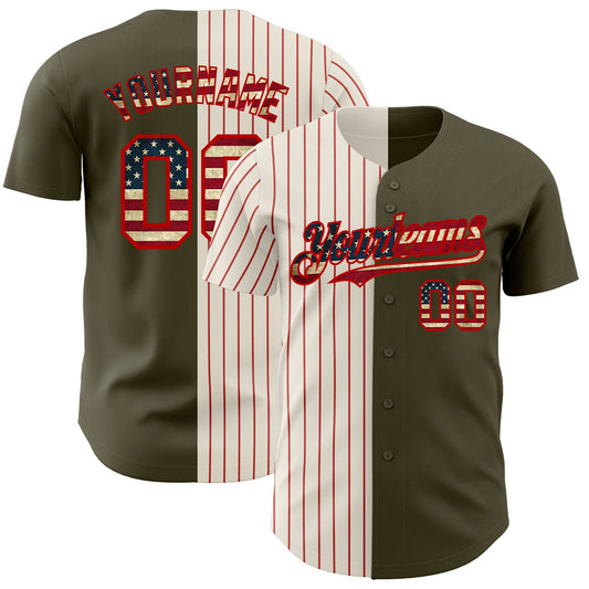 Custom Olive Vintage USA Flag Cream-Red Pinstripe Authentic Split Fashion Salute To Service Baseball Jersey - Sky-Custom