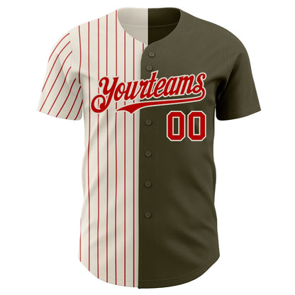 Custom Olive Cream-Red Pinstripe Authentic Split Fashion Salute To Service Baseball Jersey - Sky-Custom