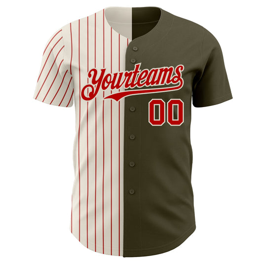 Custom Olive Cream-Red Pinstripe Authentic Split Fashion Salute To Service Baseball Jersey - Sky-Custom