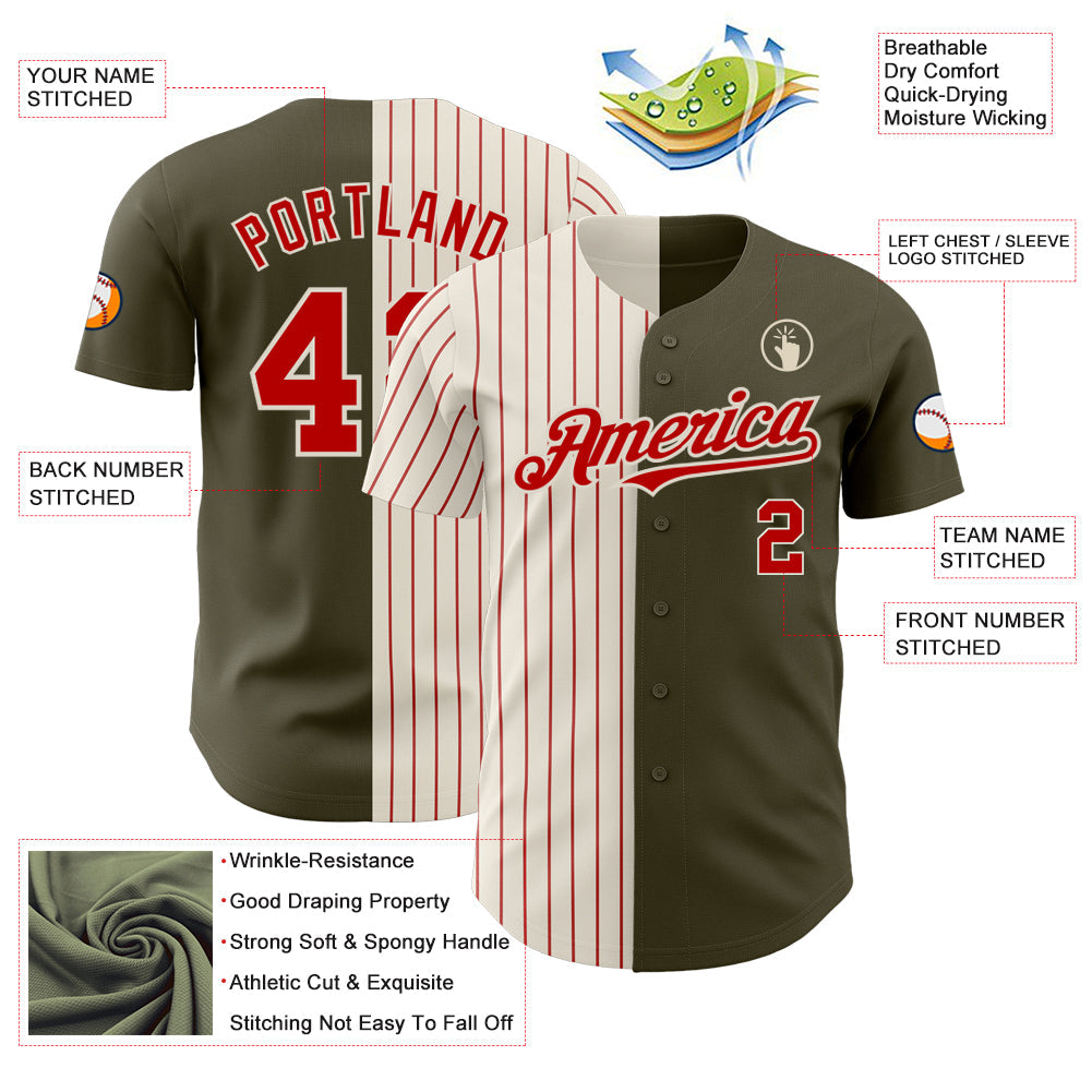 Custom Olive Cream-Red Pinstripe Authentic Split Fashion Salute To Service Baseball Jersey - Sky-Custom