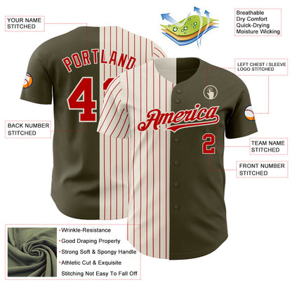 Custom Olive Cream-Red Pinstripe Authentic Split Fashion Salute To Service Baseball Jersey - Sky-Custom