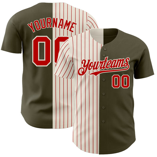 Custom Olive Cream-Red Pinstripe Authentic Split Fashion Salute To Service Baseball Jersey - Sky-Custom