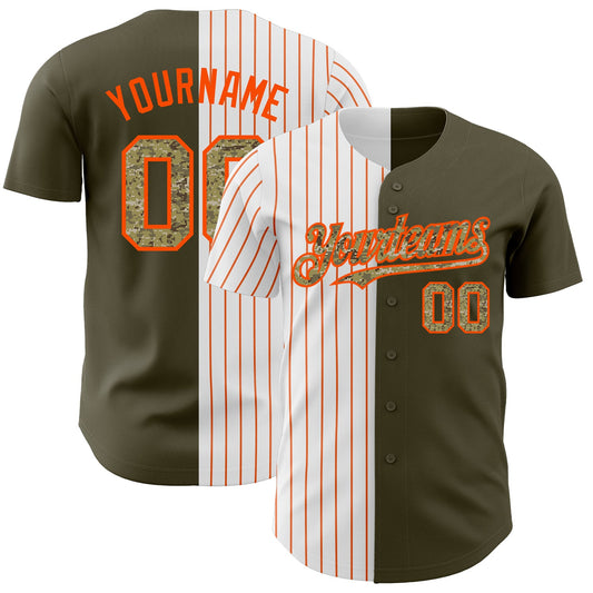 Custom Olive Camo-Orange Pinstripe Authentic Split Fashion Salute To Service Baseball Jersey - Sky-Custom