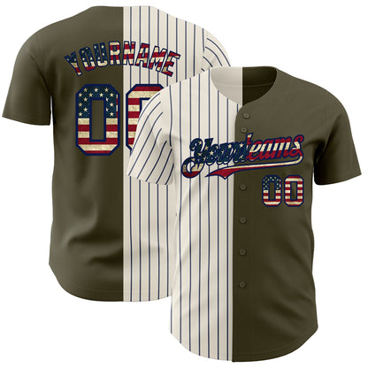 Custom Olive Vintage USA Flag Cream-Navy Pinstripe Authentic Split Fashion Salute To Service Baseball Jersey - Sky-Custom