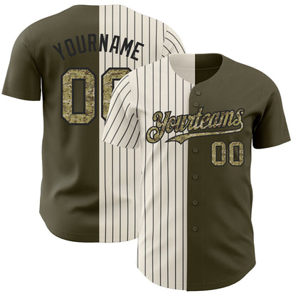 Custom Olive Camo Cream-Black Pinstripe Authentic Split Fashion Salute To Service Baseball Jersey - Sky-Custom