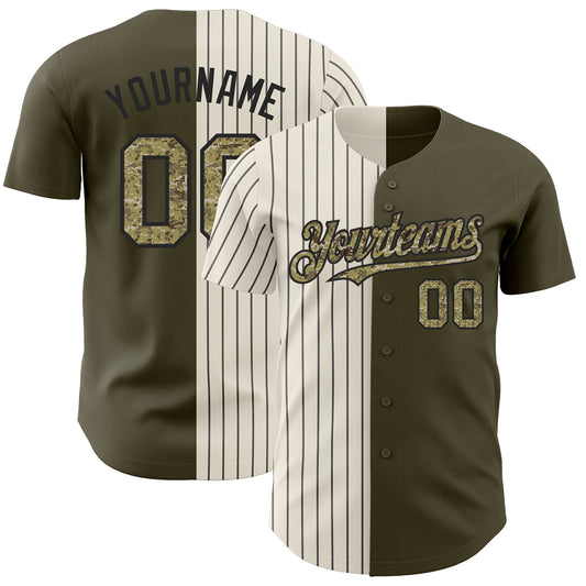 Custom Olive Camo Cream-Black Pinstripe Authentic Split Fashion Salute To Service Baseball Jersey - Sky-Custom