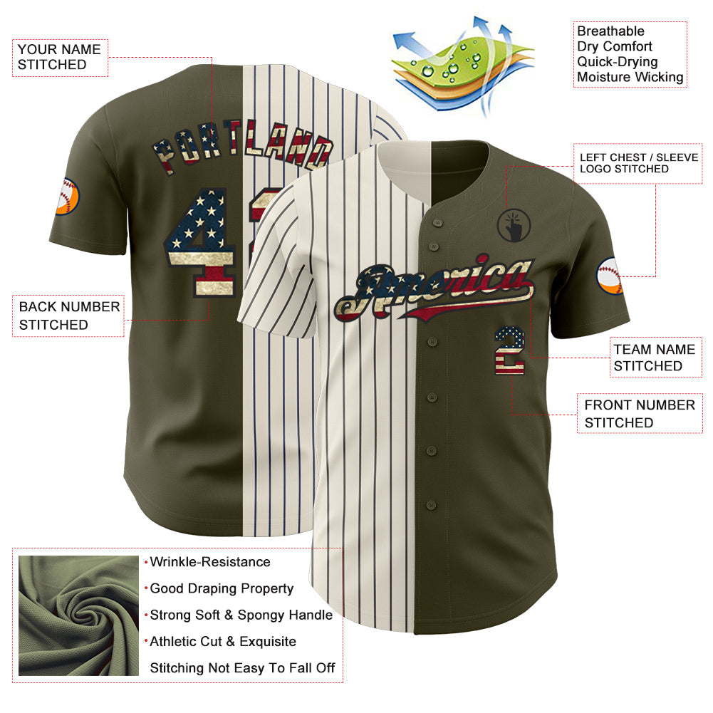 Custom Olive Vintage USA Flag Cream-Black Pinstripe Authentic Split Fashion Salute To Service Baseball Jersey - Sky-Custom