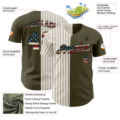 Custom Olive Vintage USA Flag Cream-Black Pinstripe Authentic Split Fashion Salute To Service Baseball Jersey - Sky-Custom