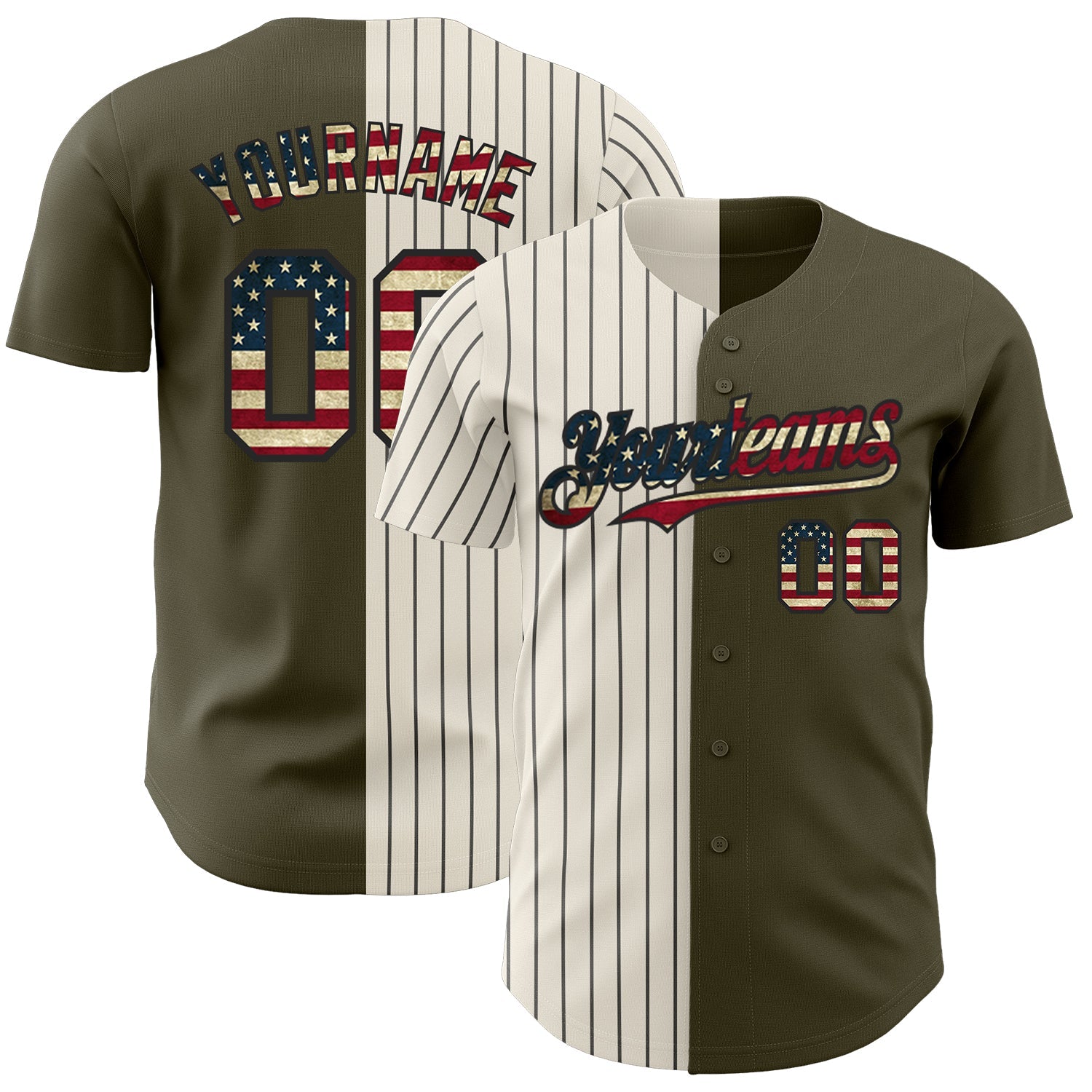 Custom Olive Vintage USA Flag Cream-Black Pinstripe Authentic Split Fashion Salute To Service Baseball Jersey - Sky-Custom