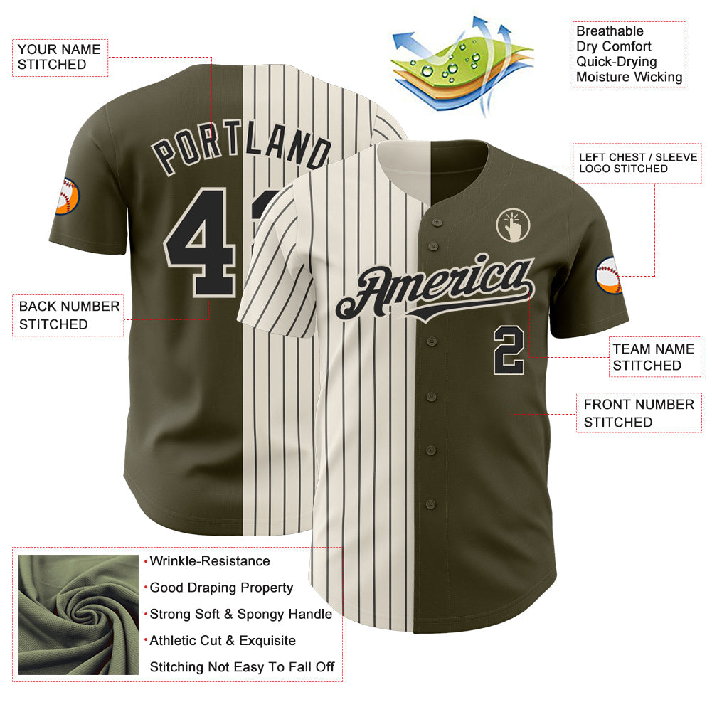 Custom Olive Cream-Black Pinstripe Authentic Split Fashion Salute To Service Baseball Jersey - Sky-Custom