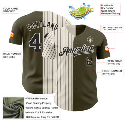Custom Olive Cream-Black Pinstripe Authentic Split Fashion Salute To Service Baseball Jersey - Sky-Custom