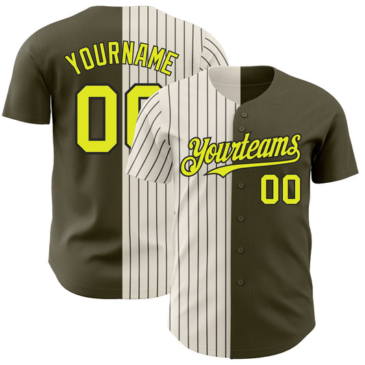 Custom Olive Neon Yellow Cream-Black Pinstripe Authentic Split Fashion Salute To Service Baseball Jersey - Sky-Custom