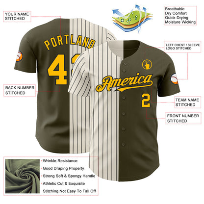 Custom Olive Gold Cream-Black Pinstripe Authentic Split Fashion Salute To Service Baseball Jersey - Sky-Custom