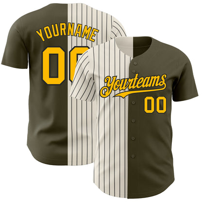 Custom Olive Gold Cream-Black Pinstripe Authentic Split Fashion Salute To Service Baseball Jersey - Sky-Custom