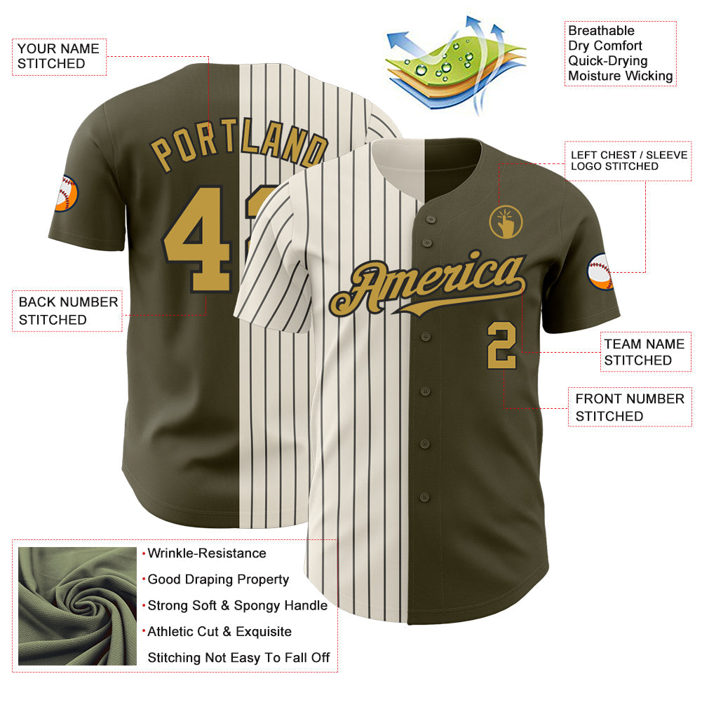 Custom Olive Old Gold Cream-Black Pinstripe Authentic Split Fashion Salute To Service Baseball Jersey - Sky-Custom