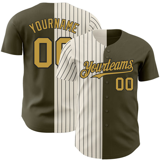 Custom Olive Old Gold Cream-Black Pinstripe Authentic Split Fashion Salute To Service Baseball Jersey - Sky-Custom