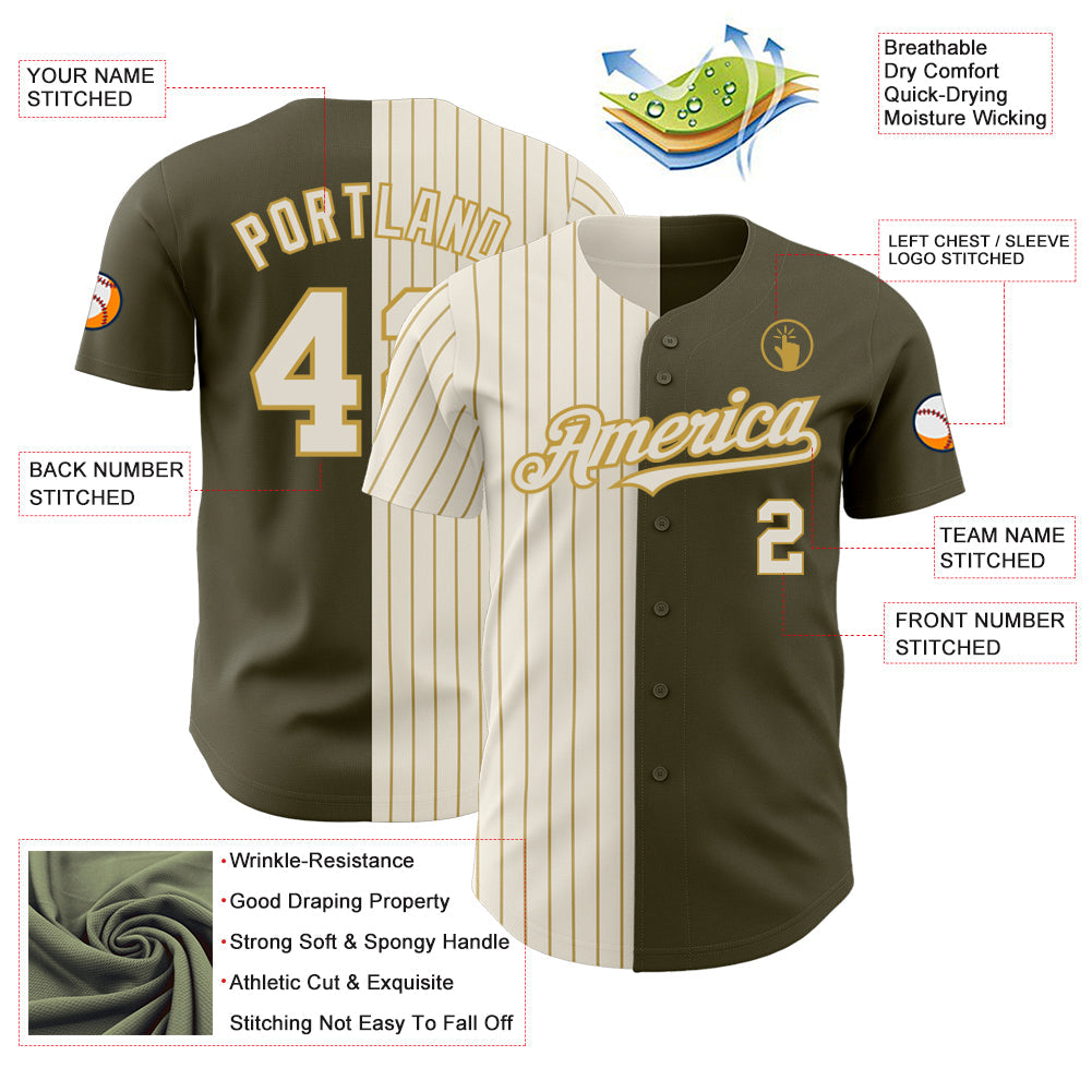 Custom Olive Cream-Old Gold Pinstripe Authentic Split Fashion Salute To Service Baseball Jersey - Sky-Custom