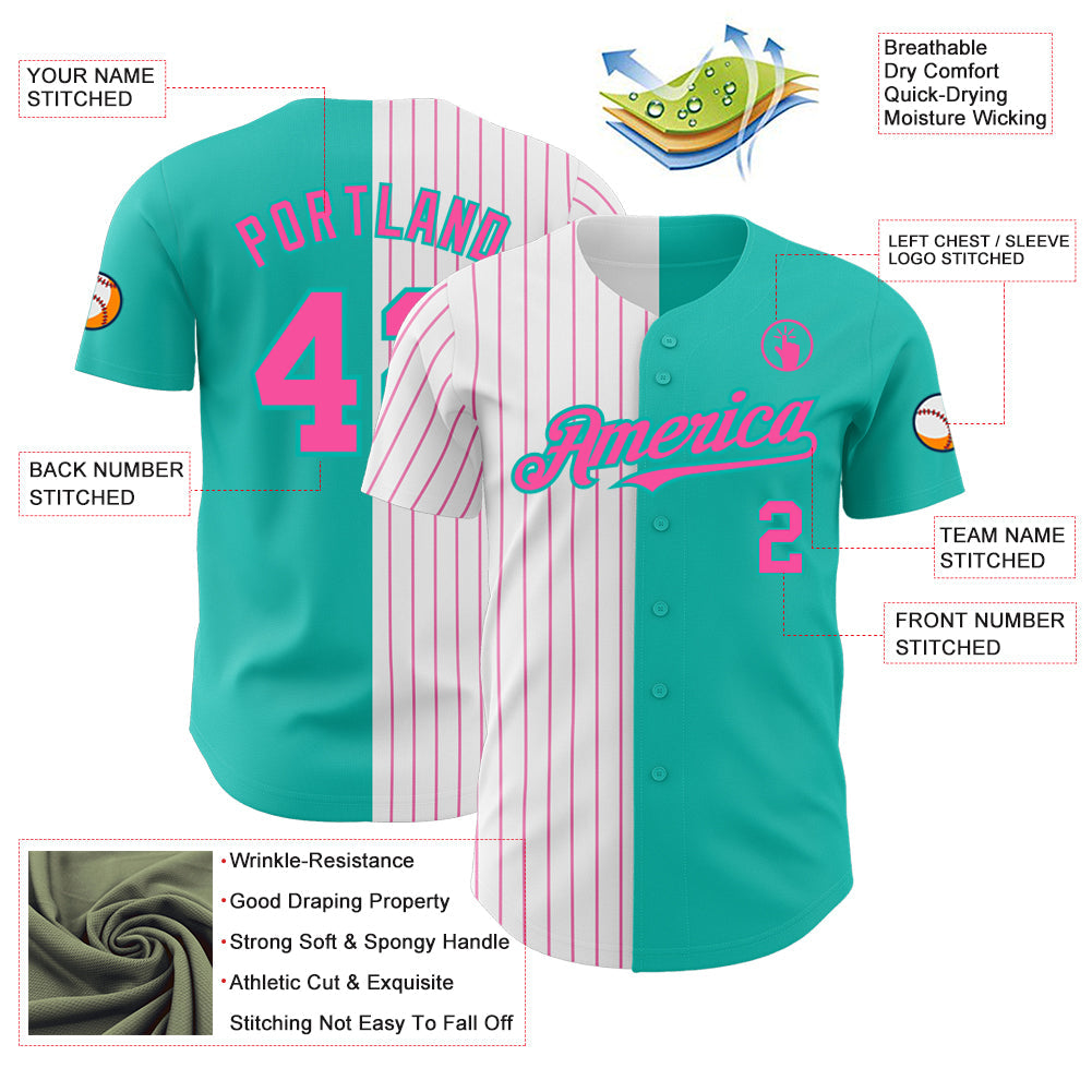Custom Aqua White-Pink Pinstripe Authentic Split Fashion Baseball Jersey - Sky-Custom