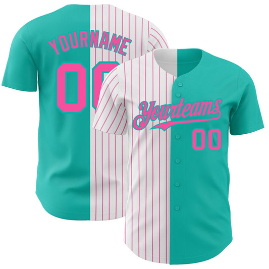 Custom Aqua White-Pink Pinstripe Authentic Split Fashion Baseball Jersey - Sky-Custom