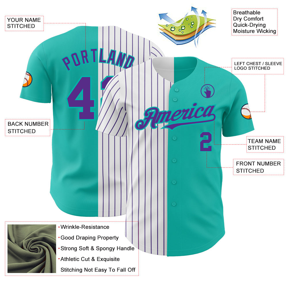 Custom Aqua White-Purple Pinstripe Authentic Split Fashion Baseball Jersey - Sky-Custom