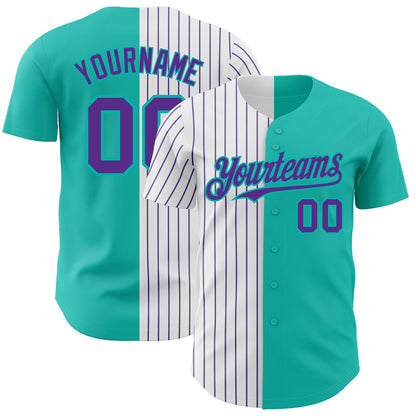 Custom Aqua White-Purple Pinstripe Authentic Split Fashion Baseball Jersey - Sky-Custom