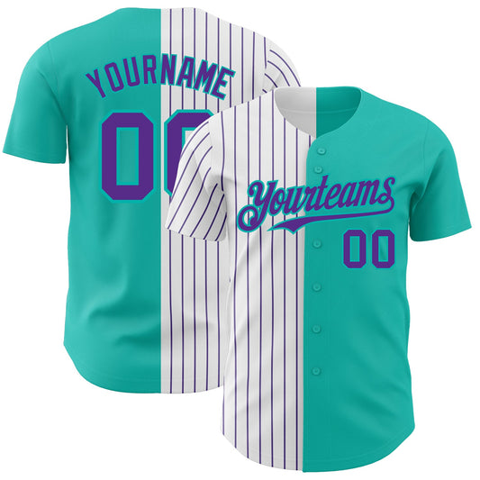 Custom Aqua White-Purple Pinstripe Authentic Split Fashion Baseball Jersey - Sky-Custom