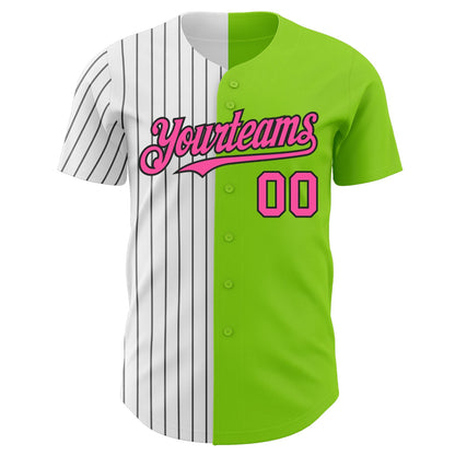 Custom Neon Green Pink-Black Pinstripe Authentic Split Fashion Baseball Jersey - Sky-Custom