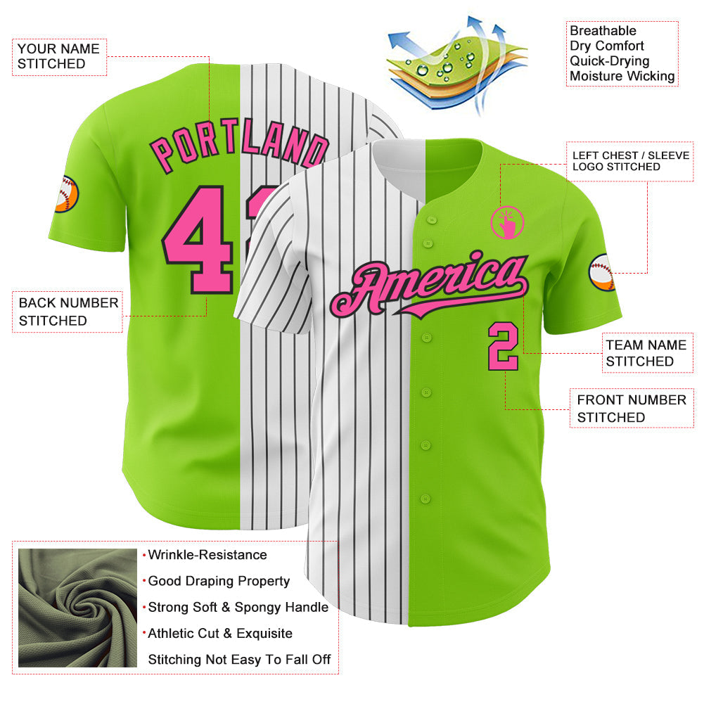 Custom Neon Green Pink-Black Pinstripe Authentic Split Fashion Baseball Jersey - Sky-Custom