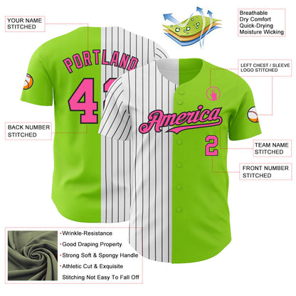 Custom Neon Green Pink-Black Pinstripe Authentic Split Fashion Baseball Jersey - Sky-Custom