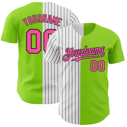 Custom Neon Green Pink-Black Pinstripe Authentic Split Fashion Baseball Jersey - Sky-Custom