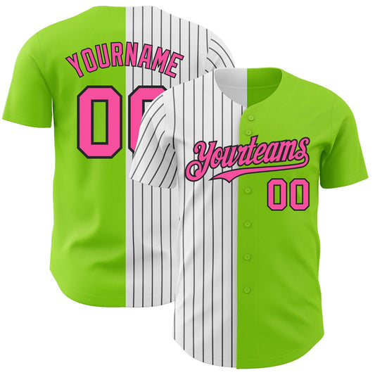 Custom Neon Green Pink-Black Pinstripe Authentic Split Fashion Baseball Jersey - Sky-Custom