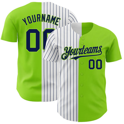 Custom Neon Green White-Navy Pinstripe Authentic Split Fashion Baseball Jersey - Sky-Custom