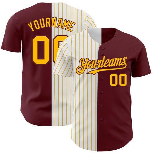 Custom Burgundy White-Gold Pinstripe Authentic Split Fashion Baseball Jersey - Sky-Custom