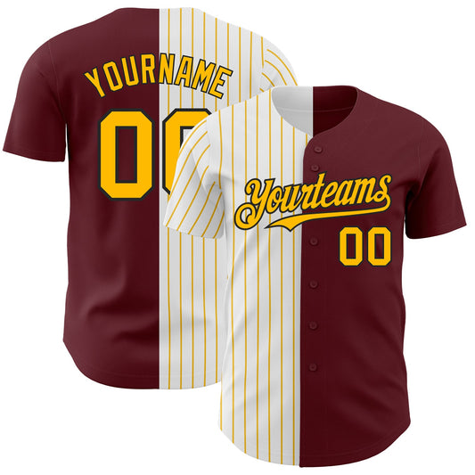 Custom Burgundy Black-Gold Pinstripe Authentic Split Fashion Baseball Jersey - Sky-Custom
