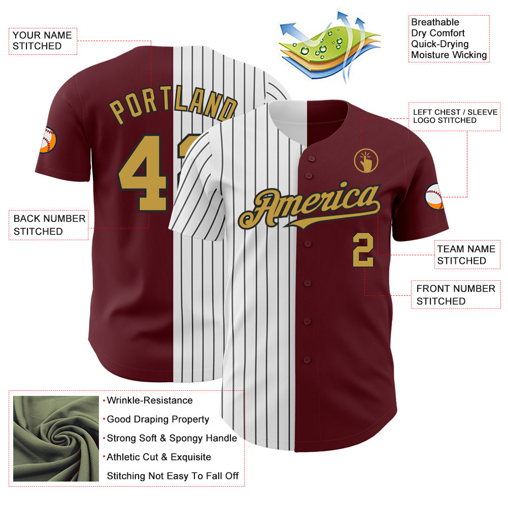 Custom Burgundy Old Gold-Black Pinstripe Authentic Split Fashion Baseball Jersey - Sky-Custom