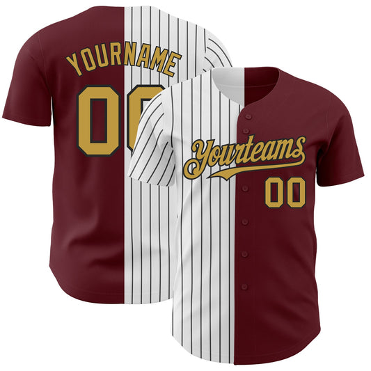 Custom Burgundy Old Gold-Black Pinstripe Authentic Split Fashion Baseball Jersey - Sky-Custom