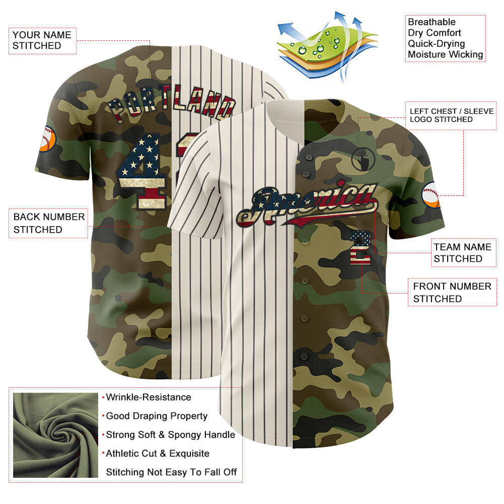 Custom Camo Vintage USA Flag Cream-Black Pinstripe Authentic Split Fashion Salute To Service Baseball Jersey - Sky-Custom