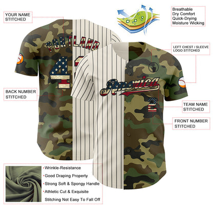 Custom Camo Vintage USA Flag Cream-Black Pinstripe Authentic Split Fashion Salute To Service Baseball Jersey - Sky-Custom
