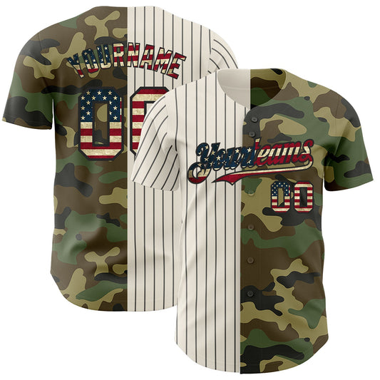 Custom Camo Vintage USA Flag Cream-Black Pinstripe Authentic Split Fashion Salute To Service Baseball Jersey - Sky-Custom