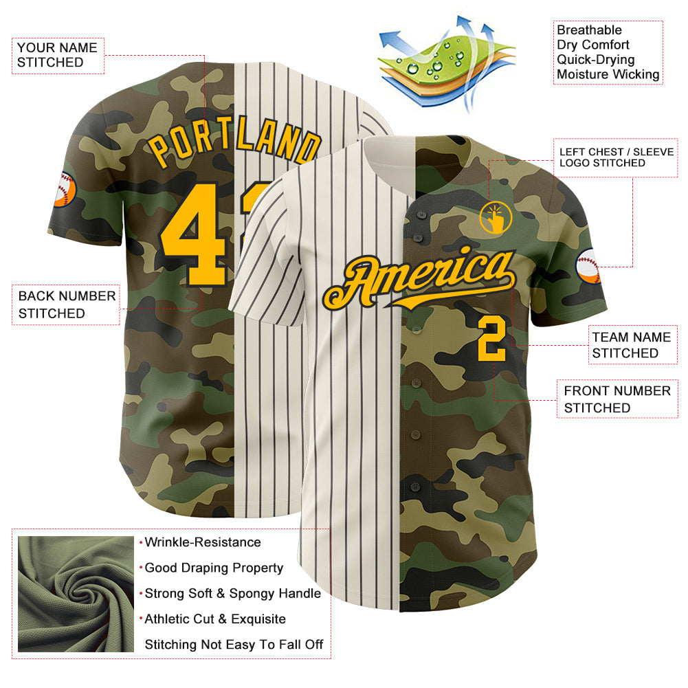 Custom Camo Gold Cream-Black Pinstripe Authentic Split Fashion Salute To Service Baseball Jersey - Sky-Custom