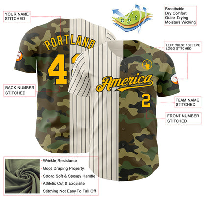 Custom Camo Gold Cream-Black Pinstripe Authentic Split Fashion Salute To Service Baseball Jersey - Sky-Custom