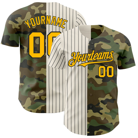Custom Camo Gold Cream-Black Pinstripe Authentic Split Fashion Salute To Service Baseball Jersey - Sky-Custom
