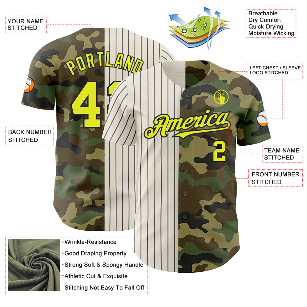Custom Camo Neon Yellow Cream-Black Pinstripe Authentic Split Fashion Salute To Service Baseball Jersey - Sky-Custom