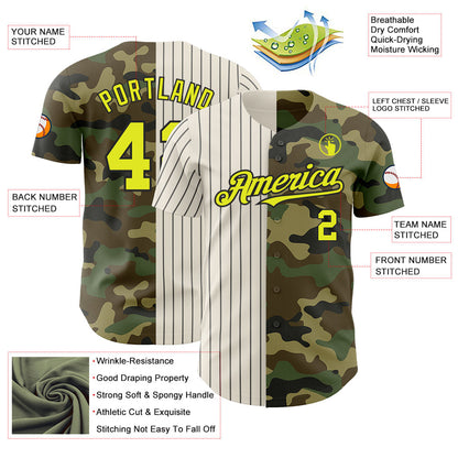 Custom Camo Neon Yellow Cream-Black Pinstripe Authentic Split Fashion Salute To Service Baseball Jersey - Sky-Custom