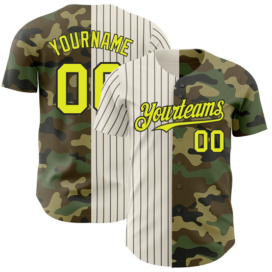 Custom Camo Neon Yellow Cream-Black Pinstripe Authentic Split Fashion Salute To Service Baseball Jersey - Sky-Custom