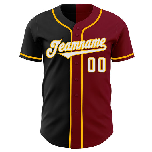 Custom Crimson Black-Gold Authentic Split Fashion Baseball Jersey - Sky-Custom