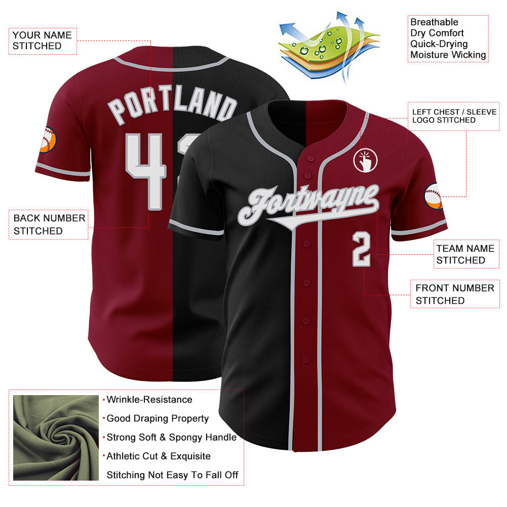 Custom Crimson Black-Gray Authentic Split Fashion Baseball Jersey - Sky-Custom