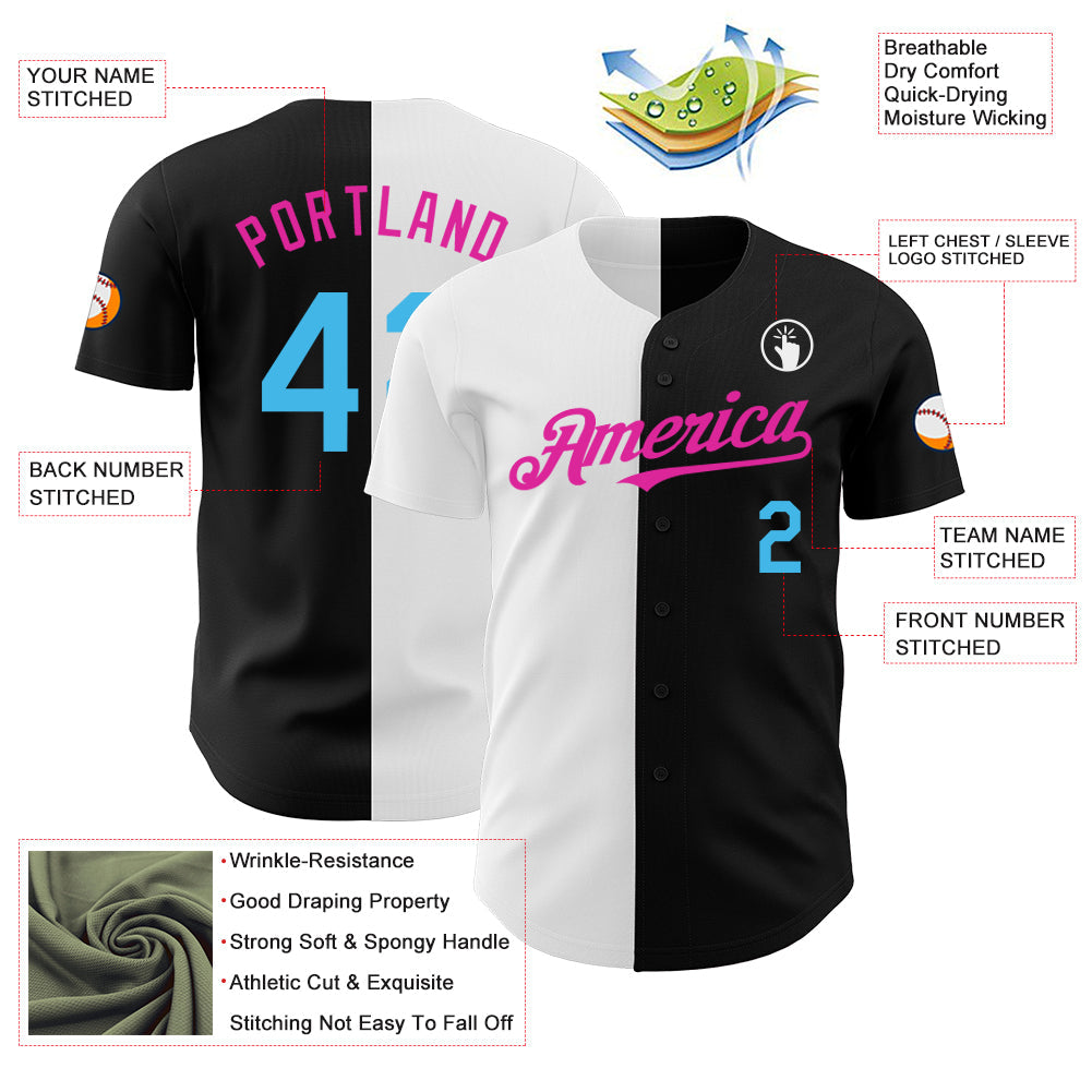 Custom Black Sky Blue Deep Pink-White Authentic Split Fashion Baseball Jersey - Sky-Custom