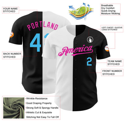 Custom Black Sky Blue Deep Pink-White Authentic Split Fashion Baseball Jersey - Sky-Custom